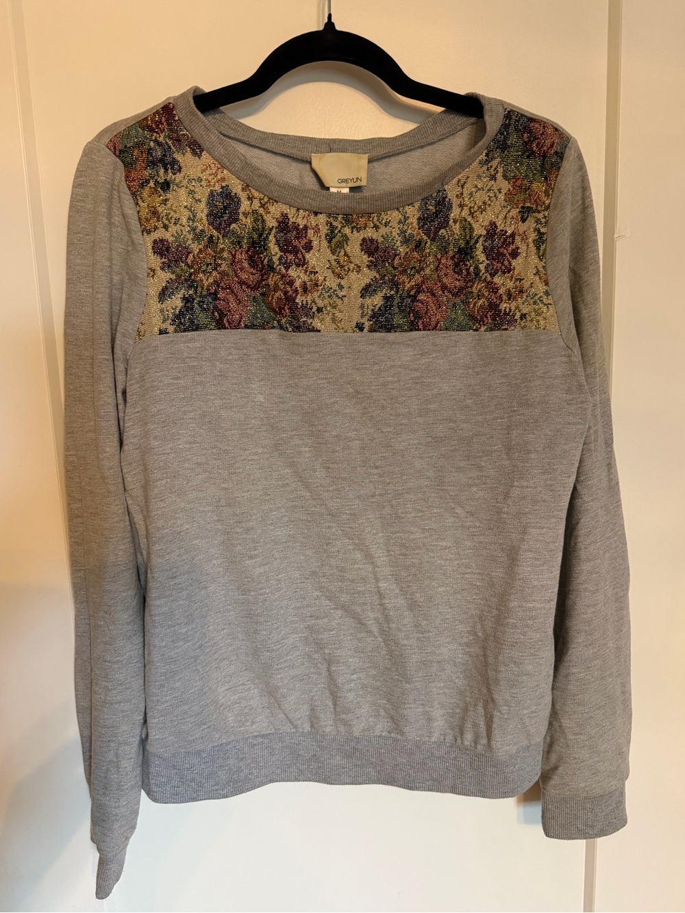 Anthropologie Grey Sweater with Floral Embroidery